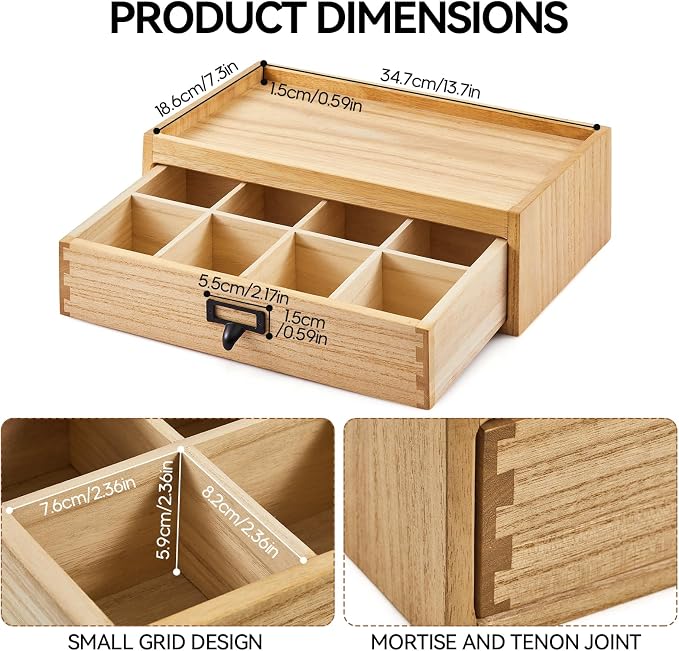 KIRIGEN Paulownia Wood Tea Storage Box, 8 Compartments, Natural CYG-NA | 8-Section Desk Cabinet Organizer with Metal Handle Stores Tea Bags, Sachets, Coffee Packets, Sugar, and Small Tea Accessories - Image 3