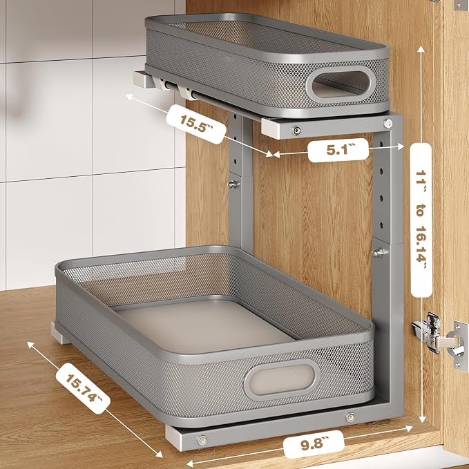 1 Pack 15.7IN-Depth Under Sink Organizer With Smooth Cylindrical Rail,2-Tier Pull Out Multi-Purpose Cabinet Storage for Bathroom&Kitchen,Height Adjustable,Rust-resistant Coating-Gun Gray - Image 2