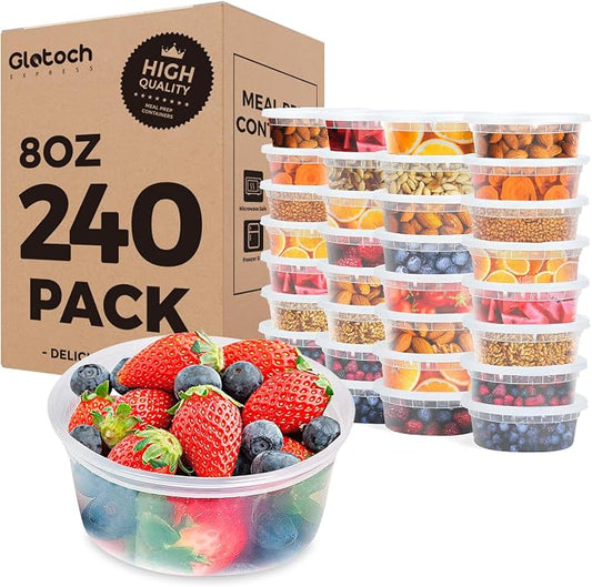 Glotoch Express 8oz Soup Containers with Lids, BPA-Free Plastic Deli Cups for Food Storage, Stackable and Leakproof, Microwave/Freezer/Dishwasher Safe, 240 Pack by GlotochExpress