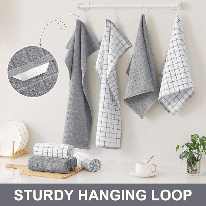 Homaxy Large Premium Cotton Kitchen Towels 16"x 28", 4 Pack, Light Grey | Natural Ring Spun 390 GSM Dish Towels, Super Absorbent Terry Kitchen Hand Towels, Soft Tea Towels with Hanging Loop - Image 6