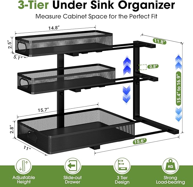 Under Sink Organizer 3 Tier, 2 Pack L-Shaped Pull-Out Cabinet Organizer with Sliding Metal Mesh Drawers, Height Adjustable Under Sink Storage Rack for Kitchen Bathroom Cabinet, Black - Image 8