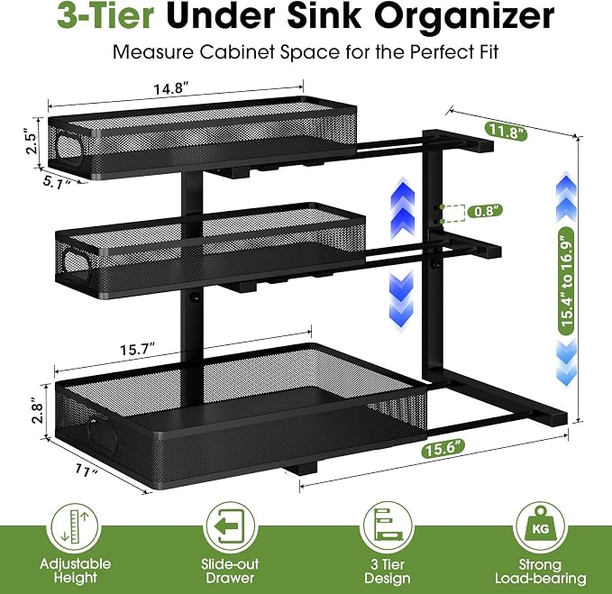 Under Sink Organizer 3 Tier, 2 Pack L-Shaped Pull-Out Cabinet Organizer with Sliding Metal Mesh Drawers, Height Adjustable Under Sink Storage Rack for Kitchen Bathroom Cabinet, Black - Image 8