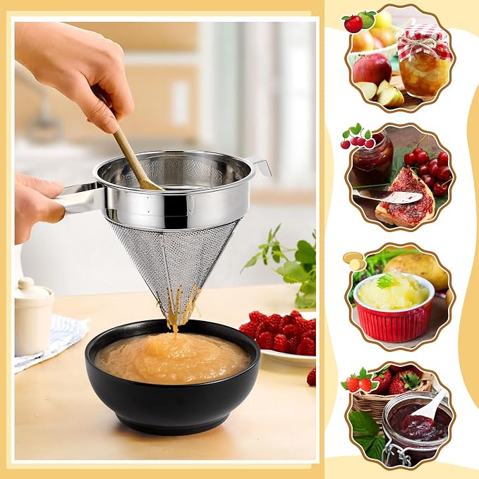 Feekoon Stainless Steel Chinois Strainer with Stand and Wooden Pestle Set, China Cap Strainer for Tomato, Berry, Fruit, Egg, Soup and Other Canning Jam Making Supplies, 15.35 x 7.67 x 7.28 inch - Image 5