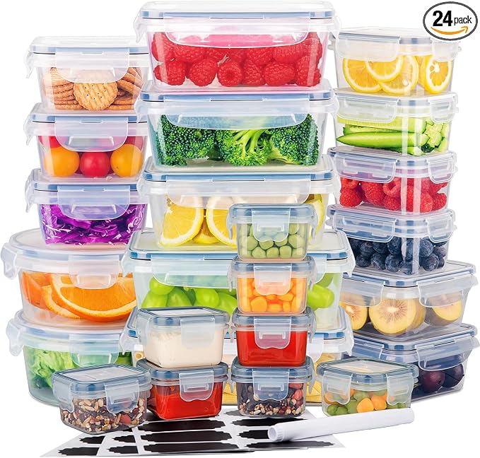 24 Pack Food Storage Container Set with Airtight Lids, Labels & Pen | Multiple Sizes, Leak-Proof Lunch Boxes for Meal Prep, BPA-Free Clear Plastic Containers, for Home & Kitchen Organization by Stelive