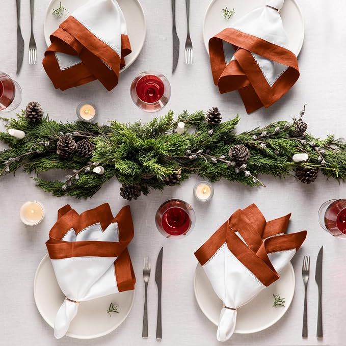 Linen Napkins 20 x 20 inch - 100% Pure Flax Linen White and Orange Dinner Napkins Set of 4 - Hemstitch Cloth Napkins Washable for Spring, Summer, Fall and Winter Decor - Image 3