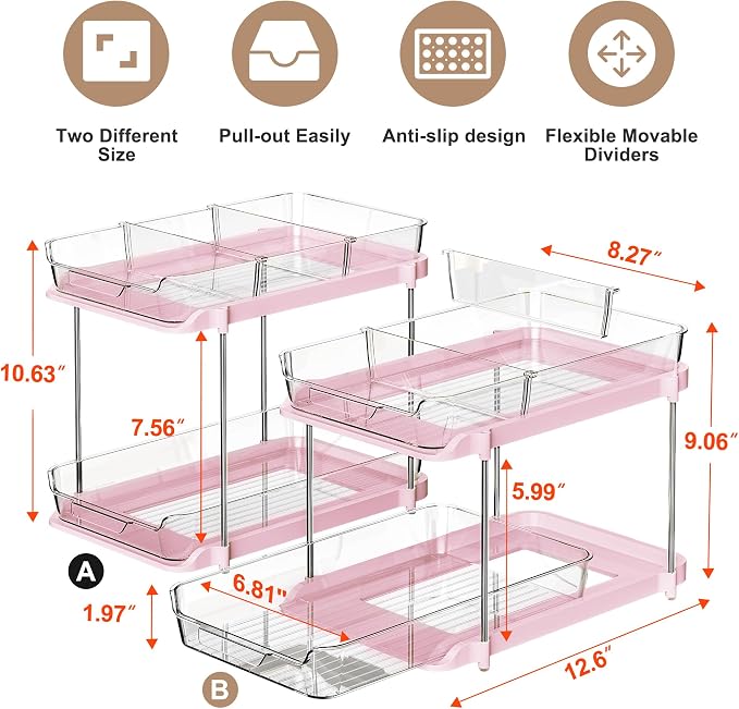 Delamu 2-Tier Multi-Purpose Bathroom Under Sink Organizers and Storage, Stackable Kitchen Pantry Organization, Pull Out Medicine Cabinet Organizer with Movable Dividers, Pink, 2 Pack - Image 2