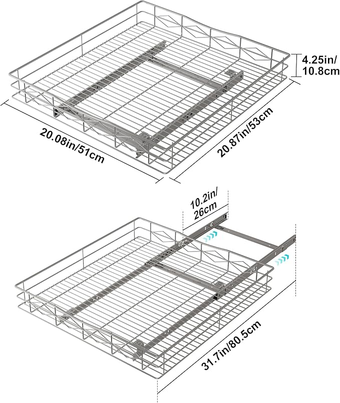 Pull Out Cabinet Organizer, 50LB Load Capacity Bottom-mount Sliding Drawer for Pots and Pans, 20" W x 21" D Under Sink Storage Shelf for Cabinet Opening 21" W x 22" D or Larger, Chrome Finish - Image 2
