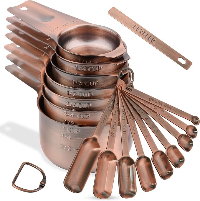 Measuring Cups and Spoons Set, Copper Plated Measuring Cups Spoons, Stainless Steel 7 Measuring cups and 9 Measuring Spoons 1 Leveler for Baking and Kitchen, Metal Copper Measure Cups&Spoons by Viwehots