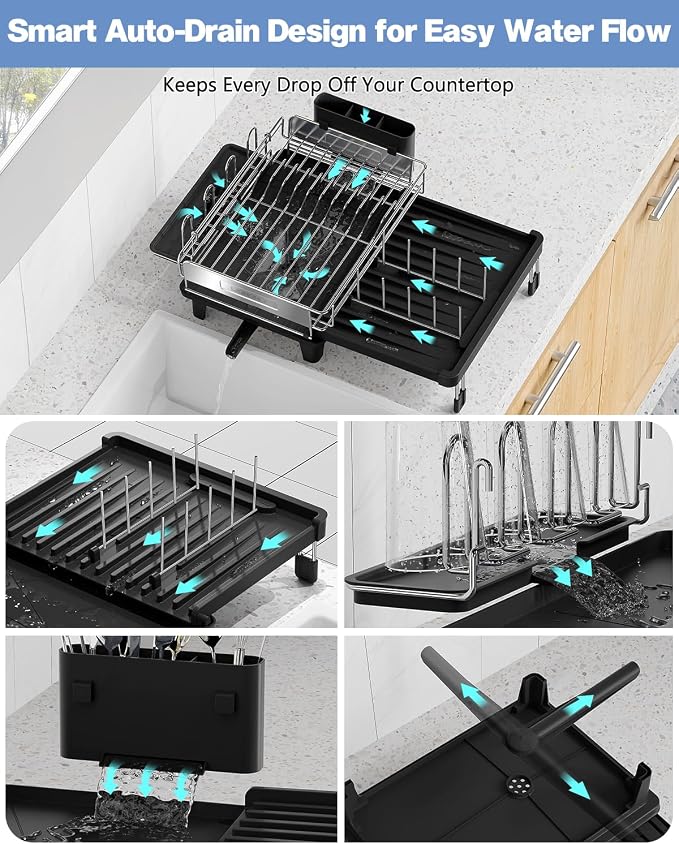 Expandable Dish Drying Rack for Kitchen Counter, 304 Stainless Steel, Flip-Top Retractable Plate, Multi-Directional Adjustable, Space-Saving Large Drying Rack, Black - Image 3