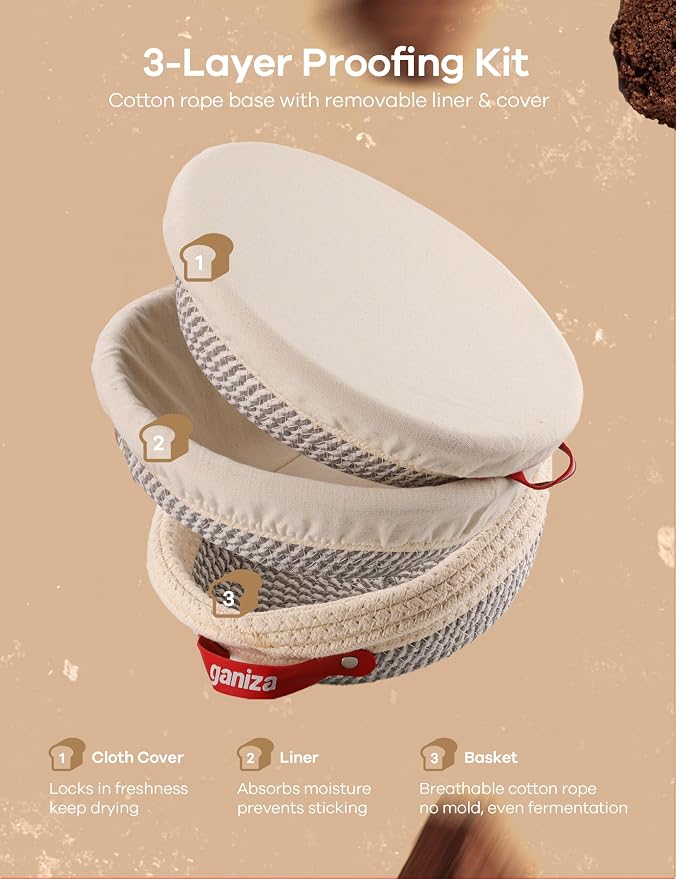 Ganiza 22-Piece Sourdough Proofing Basket Gift Set, Natural Cotton Rope | 9'' Round & 10'' Oval Banneton Basket with Liners & Covers, Easy to Clean, Sourdough Starter Kit with Recipe for Bread Baker - Image 3