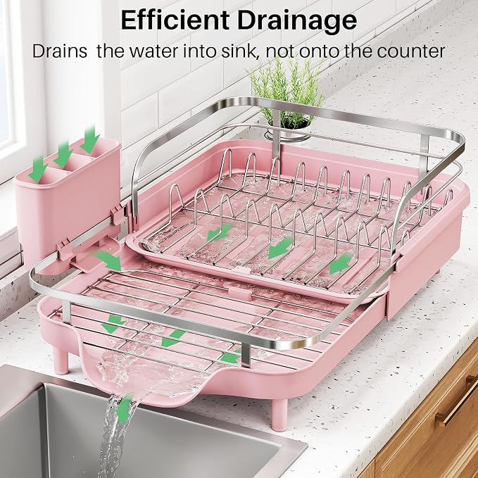SNTD Dish Drying Rack, Expandable Dish Rack for Kitchen Counter, Stainless Steel Dish Drainer with Drainboard Set and Utensil Holder (Pink) - Image 4