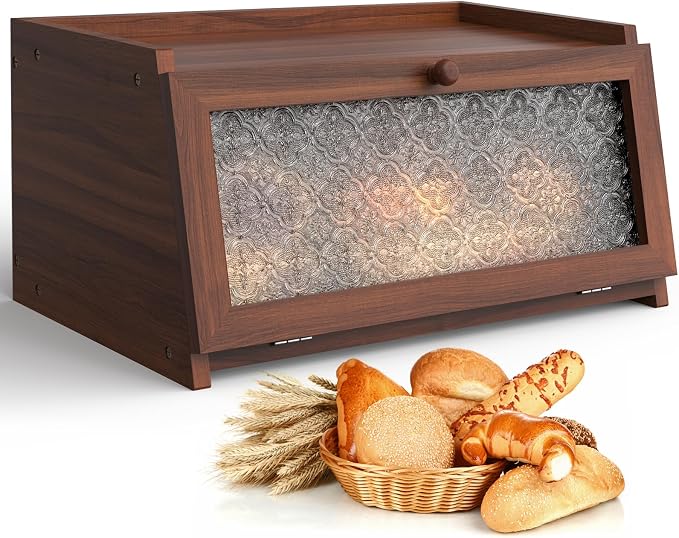 LOHASOK Bread Box for Kitchen Countertop,Brown Begonia | Large, Farmhouse Bread Container Holder Storage, Acrylic translucent window by Lohasok