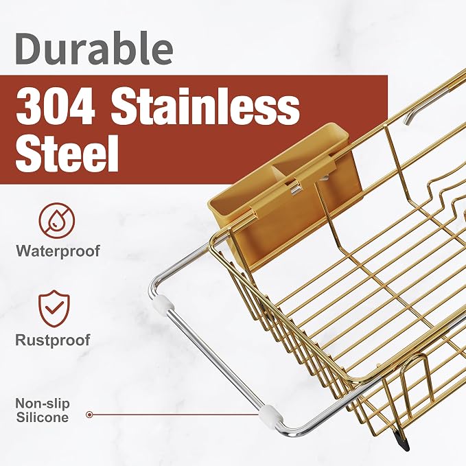 JASIWAY Gold Dish Drying Rack in Sink, Dish Drainer with Utensil Holder | Over The Sink Expandable Stainless Steel Strainer Dryer Rack for Small Kitchen, Counter Space Saving, Fast Drain, Rustproof - Image 3