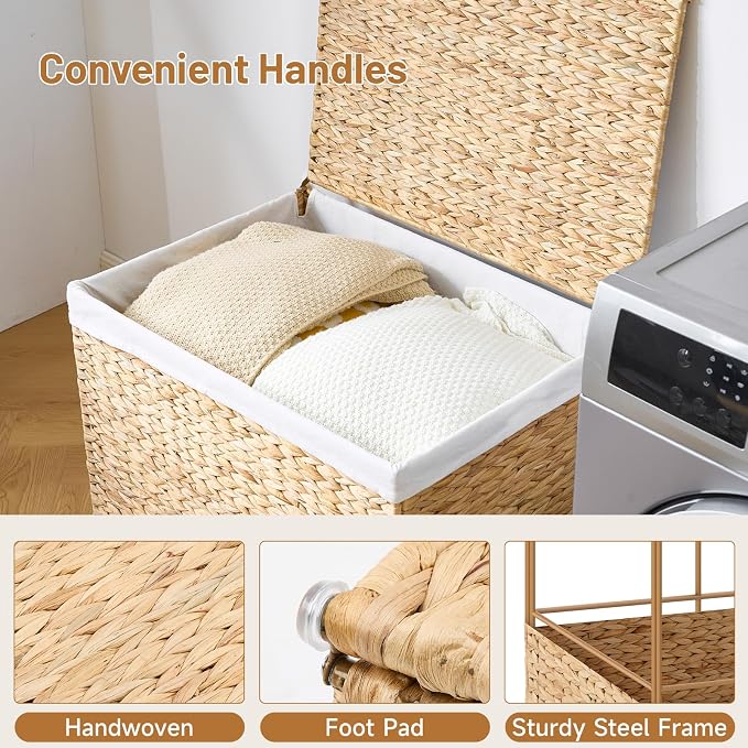 Water Hyacinth Storage Basket with Lid, 46.2 Gallon (175L) Wicker Shelf Basket with Removable Liner, Wicker Storage Basket for Blanket, for Livingroom, Bedroom, Natural - Image 6