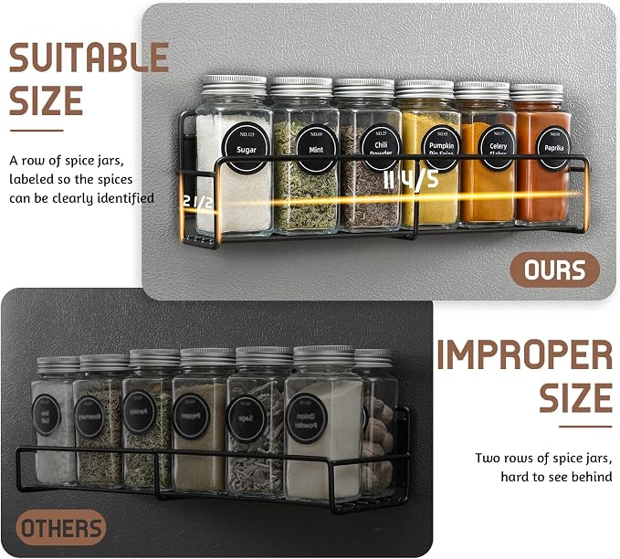 VITEVER Magnetic Spice Rack, 4 Pack, 24 Square Glass Jars with Lids, Quick-Find Pre-Printed Labels, Funnel, Space Saver, Refrigerator and Microwave Oven Organizer - Image 3