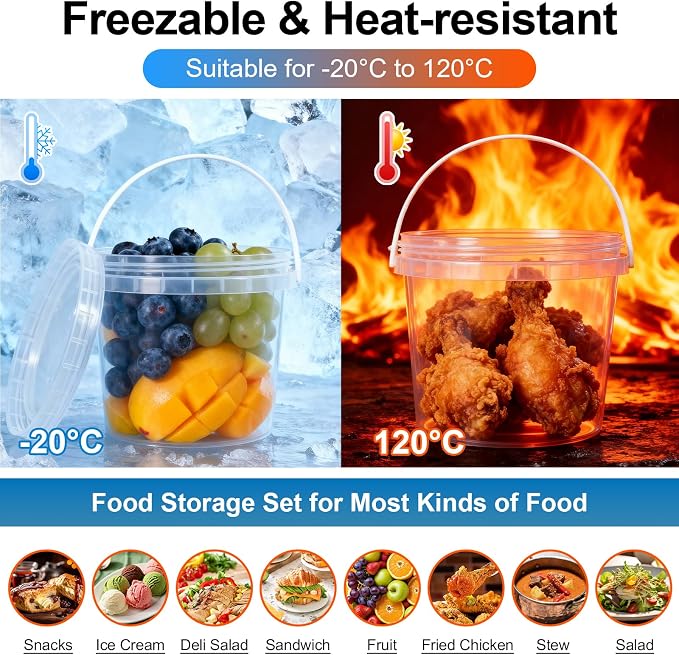 4 Pack 64oz Food Grade Plastic Buckets with Screw Lids & Handle, Reusable Storage Containers for Snacks, Salad, Sauce - Clear Freezer Safe Bucket Set - Image 3