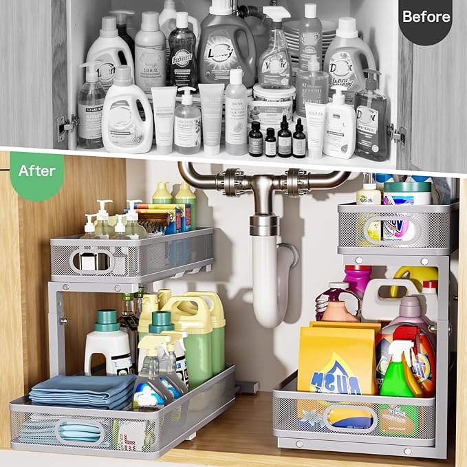 Under Sink Organizer 2 Pack, High Adjustable 2 Tier Under Sink Organizers and Storage, Slide out Metal Cabinet Organizers, Pull out Storage Drawer Shelf for Kitchen Bathroom Cabinet (Gray) - Image 3