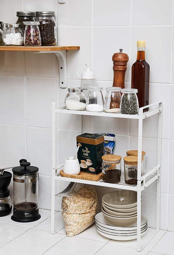 Shantton 2pk Kitchen Cabinet Shelf Counter Organizer Rack Pantry Storage Bathroom Bedroom Office Table Desk Space Saving Steel Frame Stackable Rust Resistant Non Slip White-Tall- L13in W8.3in H9.5in | 2-Pack Stackable Metal Riser Holds 40LBS with Non-S... - Image 7