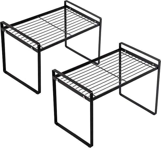 Shantton 2pk Kitchen Cabinet Shelf Counter Organizer Rack Pantry Storage Bathroom Bedroom Office Table Desk Space Saving Steel Frame Stackable Rust Resistant Non Slip Black-Tall-L13in W8.3in H9.5in | 2-Pack Stackable Metal Riser Holds 40LBS with Non-Sl... by Shantton