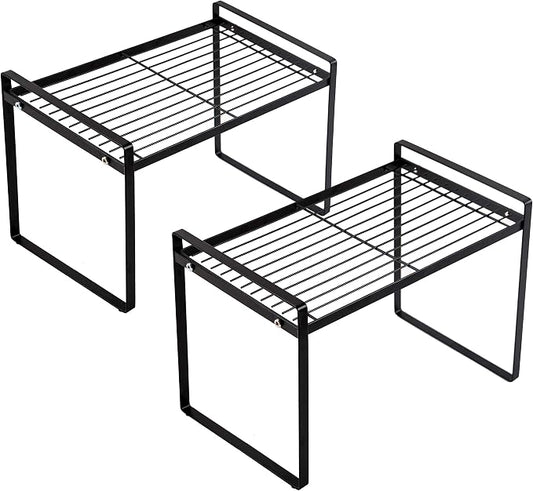 Shantton 2pk Kitchen Cabinet Shelf Counter Organizer Rack Pantry Storage Bathroom Bedroom Office Table Desk Space Saving Steel Frame Stackable Rust Resistant Non Slip Black-Tall-L13in W8.3in H9.5in | 2-Pack Stackable Metal Riser Holds 40LBS with Non-Sl... by Shantton