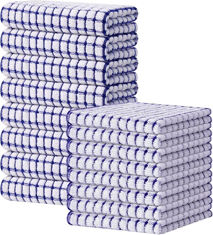 Kitinjoy Cotton 16 Pack Kitchen Towels and Dishcloths Sets, Blue | 16 x 25 Inch & 12 X 12 Inch Dish Towels Bulk, Super Soft and Absorbent hand towels for kitchen Drying by Kitinjoy