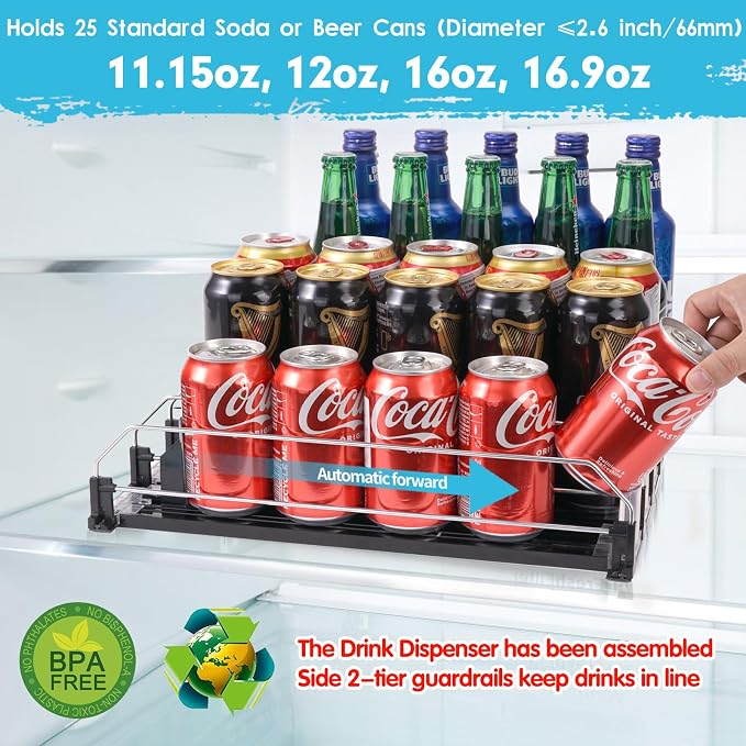 Drink Dispenser for Refrigerator, Self-Pushing Soda Can Organizer for Fridge, 5 Rows already Assembled, Automatic Can Dispenser with Spring Loaded for Refrigerator Holds 25 cans, Black - Image 2