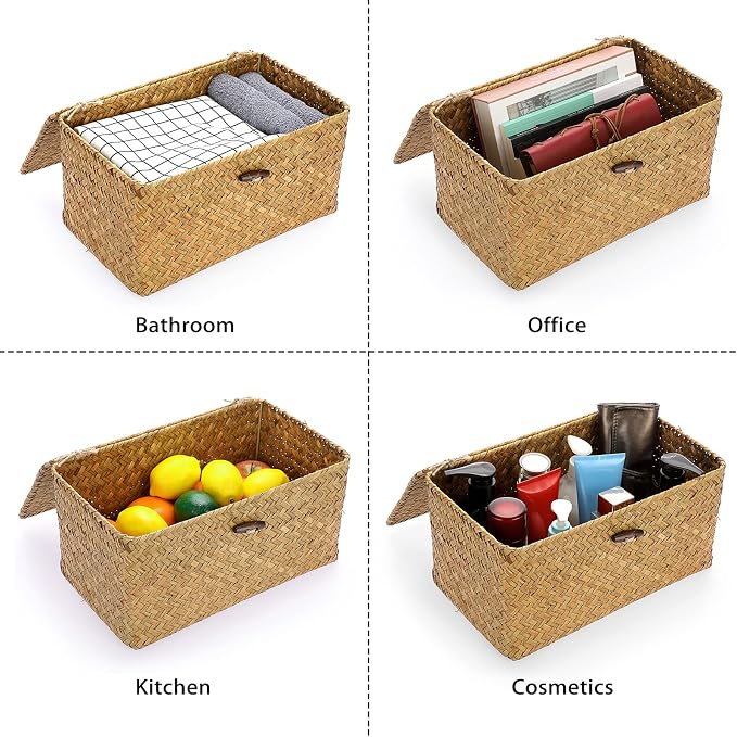 Hipiwe Wicker Shelf Baskets Bin Handwoven Seagrass Storage Basket with Lid | Rectangular Household Basket Boxes for Shelf Wardrobe Home Organizer, Caramel Medium - Image 6