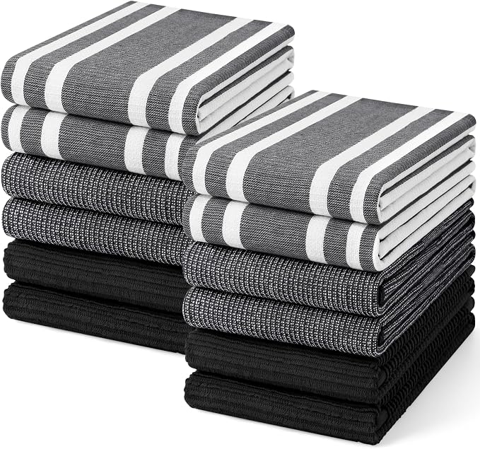 Homaxy Cotton 380 GSM Premium Kitchen Towels, 18"x 28", 12 Pack, Black | Soft and Absorbent Terry Dish Towels, Multipurpose Tea Towel Set with Hanging Loop, 3 Styles Kitchen Hand Towels by Homaxy