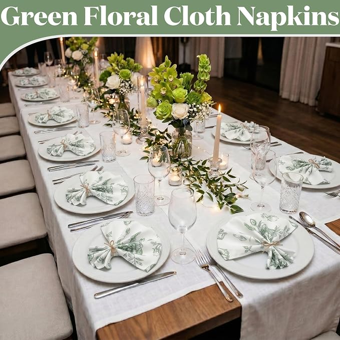 24 Pcs Floral Cloth Napkins 6 Patterns Washable Dinner Tea Party Napkins Reusable Plant Flowers Square Napkin Cotton Towel Decorative for Summer Wildflower Party(Green Floral) - Image 3