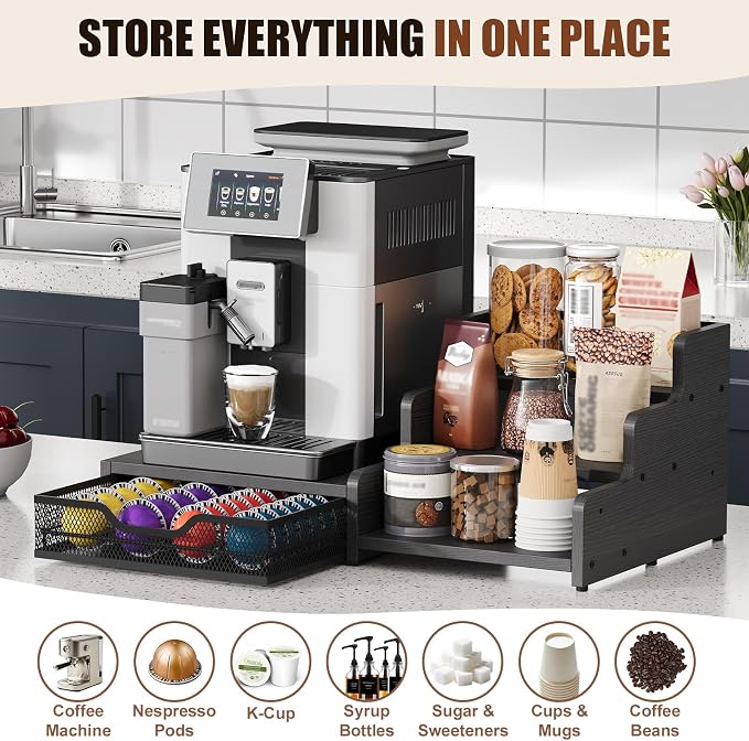 Coffee Station Organizer Compatible with Nespresso Vertuo Pods, Holds 48 Small or 32 Large Pods, 3-Tier Coffee Bar Organizer with K-Cup Holder, Coffee Pod Drawer & Syrup Cups Rack for Accessories - Image 5