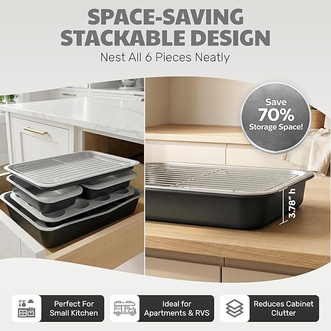 Gotham Steel 6 Pc Stackable Baking Pans Set, 70% Space Saving Design, Ceramic Bakeware Sets Non Toxic Made Without PFOA PFOS, with Cookie Sheet Tray, Cake & Muffin Pans, Oven & Dishwasher Safe - Image 4