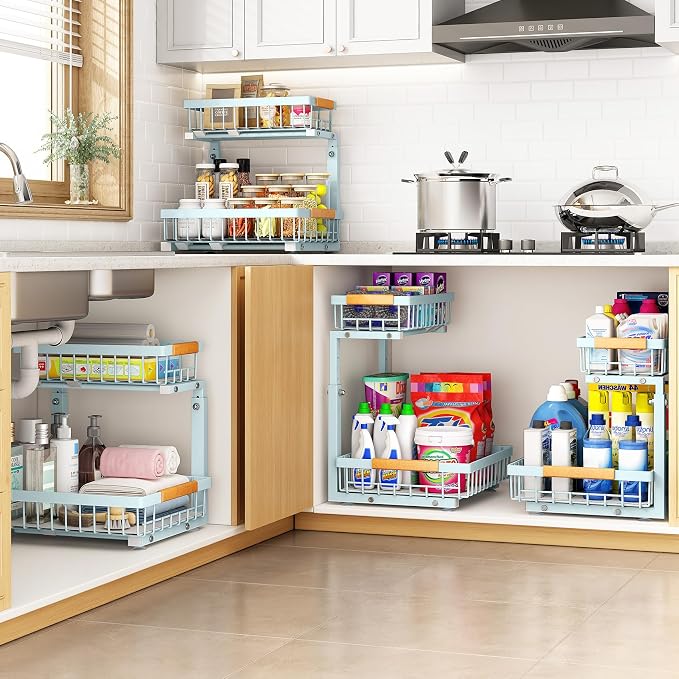 PXRACK Under Sink Organizer, Adjustable Height, 2 Tier Pull Out Under Cabinet Organizer, Slide Out Thickened Metal Under Sink Storage for Kitchen Bathroom Laundry Pantry Cabinet, Blue, Large-1-Pack - Image 7