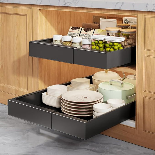 Seinloes 2 Pack Pull Out Cabinet Organizers 21" Deep With Raising Pad for Framed Cabinets, Expandable Width (9"-14") Slide Out Drawers Upgrade 3 Slide Rails, Roll Out Shelves Adhesive, Black by Seinloes