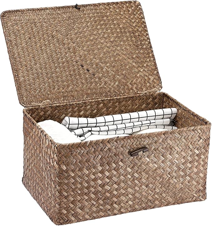 Hipiwe Wicker Shelf Baskets Bin with Lid Large Handwoven Basket Box, Coffee | Natural Seagrass Storage Baskets, Rectangular Household Basket Boxes for Shelf Wardrobe Home Organizer by Hipiwe