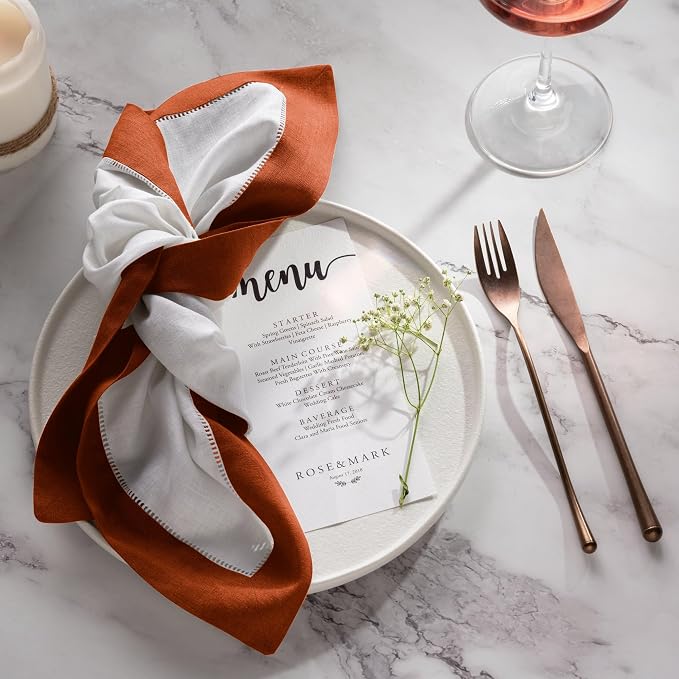 Linen Napkins 20 x 20 inch - 100% Pure Flax Linen White and Orange Dinner Napkins Set of 4 - Hemstitch Cloth Napkins Washable for Spring, Summer, Fall and Winter Decor - Image 2