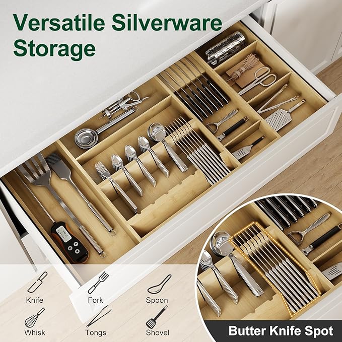 Bamboo Silverware Drawer Organizer, 17.72-29.53 Inch Expandable Large Kitchen Drawer Organizer, 5-8 Slot Flatware with Removable Card Slots & Knife Block for Spoon Butter Knive, Natural - Image 3