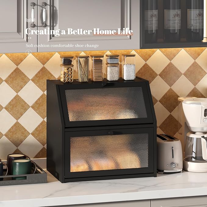 STDDRE Bread Box for Kitchen Countertop Bin Double Layer Bread Box Storage Container Extra Large Capacity with Diamond Pattern Windows (Black, Extra Large) - Image 6