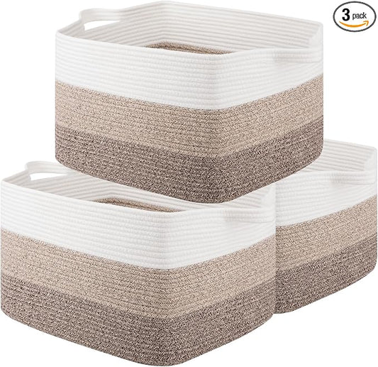 OIAHOMY Rectangle Woven Storage Basket - Nursery Cotton Rope Baskets for Storage, Toy Basket Organizing for Living Room, 17.7"x13.8"x11"- Pack of 3 - Gradient Yellow by MasterofSpaceOptimization
