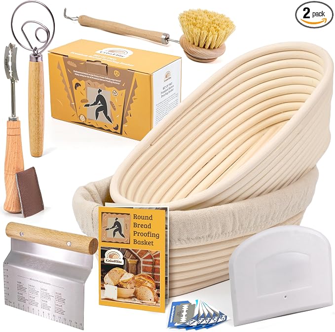 11" Oval Banneton Proofing Basket Set of 2 - Sourdough Starter Kit with Bread Lame, Danish Whisk, Metal & Bowl Scrapers, Cleaning Brush - Professional Artisan Baker Gift Set by SourdoughToolsBannetonsSourdoughStarterJar