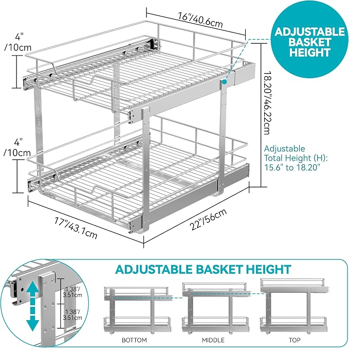 2 Tier Pull Out Cabinet Organizer 18" W X 22" D, Chromed, Full Slide Out | For Kitchen Organizers and Storage, Pull Out Drawers For Cabinets Capacity Heavy Duty Caddy, Cabinet Shelves, Bathroom Pantry - Image 2