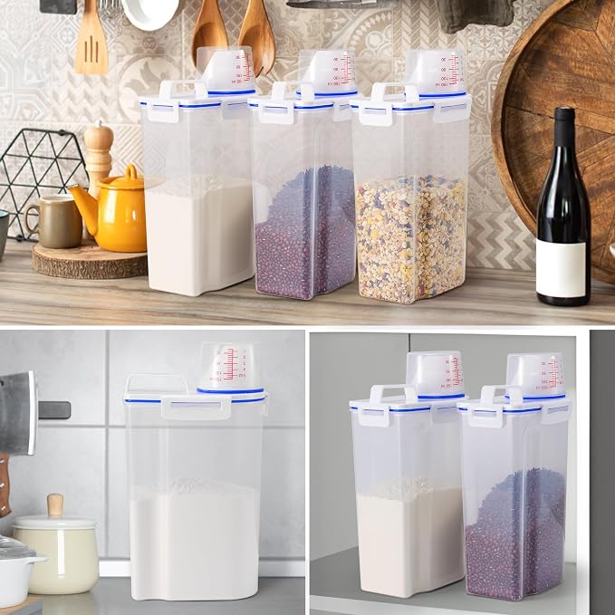 4 Pcs Set Rice Storage Container 5.5lb, Rice Dispenser with Measuring Cup & Pour Spout for Flour Pasta Grain Pet Dog Cat Bird Food Storage Container - Image 7