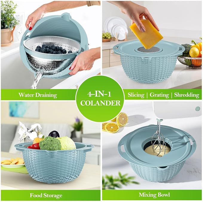 4 in 1 Kitchen Colander with Mixing Bowl Set Rotatable Multi-functional Food Strainer and Basket Colander Fruit Vegetable Grater Rice Strainer Salad Spinner Slicer Washing Bowl - Image 5