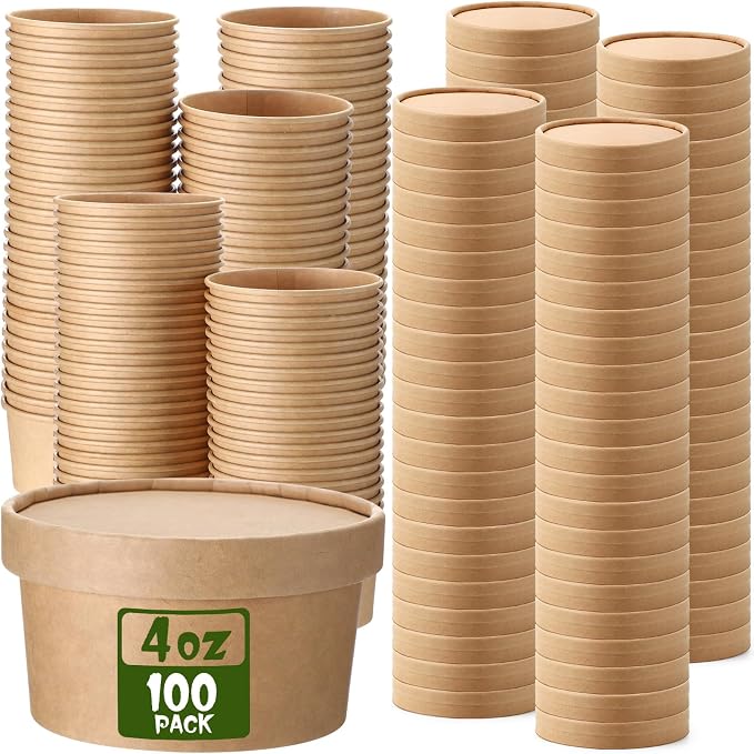 Fulmoon 100 Pack Paper Soup Containers with Lids Disposable Paper Food Containers with Vented Lid Kraft Ice Cream Cake Dessert Cups Soup Bowl for Party Hot Food Fruit Microwave(4 oz,Brown) by Fulmoon