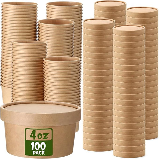 Fulmoon 100 Pack Paper Soup Containers with Lids Disposable Paper Food Containers with Vented Lid Kraft Ice Cream Cake Dessert Cups Soup Bowl for Party Hot Food Fruit Microwave(4 oz,Brown) by Fulmoon