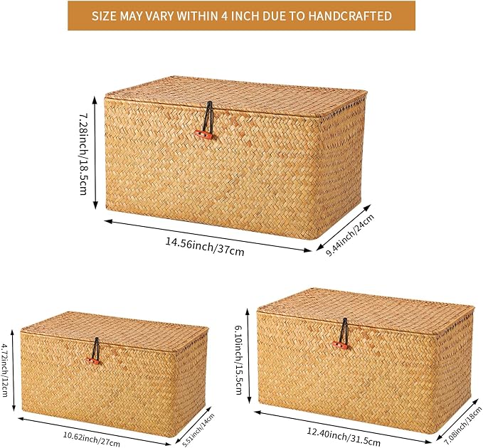 FEILANDUO Wicker Shelf Basket with Lids, Seagrass Storage Baskets Bins Rectangular Woven Baskets Boxes for Organizing Multipurpose Container Boho Home Decor Large Set of 3 - Image 6