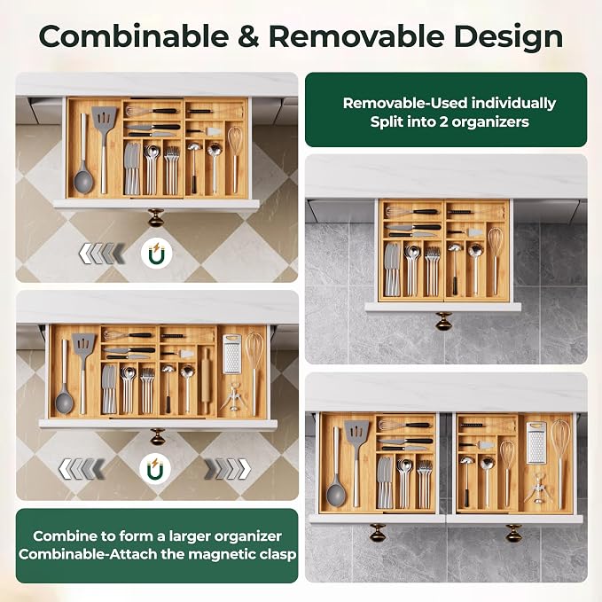 Large Silverware Organizer, 12 Slots Magnetic Connected Expandable Bamboo Utensil Drawer Organizer From 21 to 37.4 Inches, Adjustable Flatware and Cutlery Holder, Utensil Tray for Kitchen Natural - Image 5