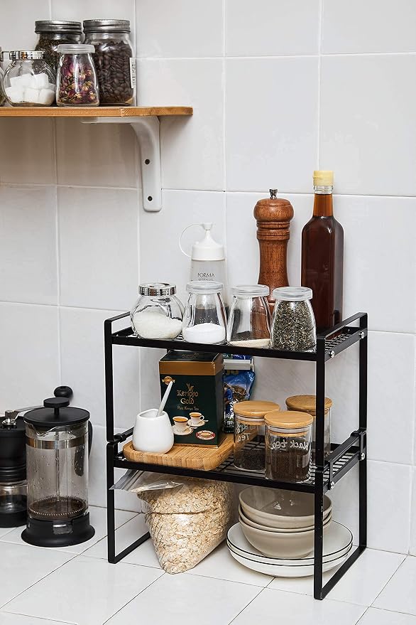 Shantton Cabinet Shelf Organizer, Pantry Shelf Rack, Black 13x8.3x7.3 | 2-Pack Stackable Metal Riser Holds 40LBS with Non-Slip Feet for Kitchen Pantry Bathroom Countertop Freezer Cupboard - Image 7