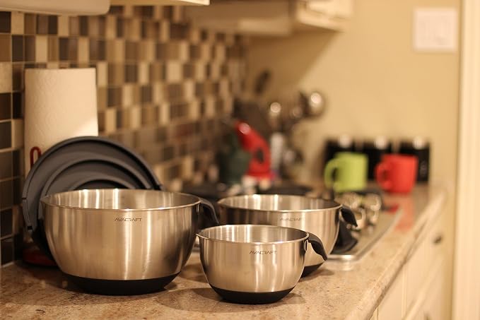 AVACRAFT 18/10 Stainless Steel Mixing Bowl Set with Lids, Black | Non-Slip Silicone Base, Ergonomic Handles, Pour Spouts, Interior Measurement Marks, Nesting Design, Dishwasher Safe - Image 8