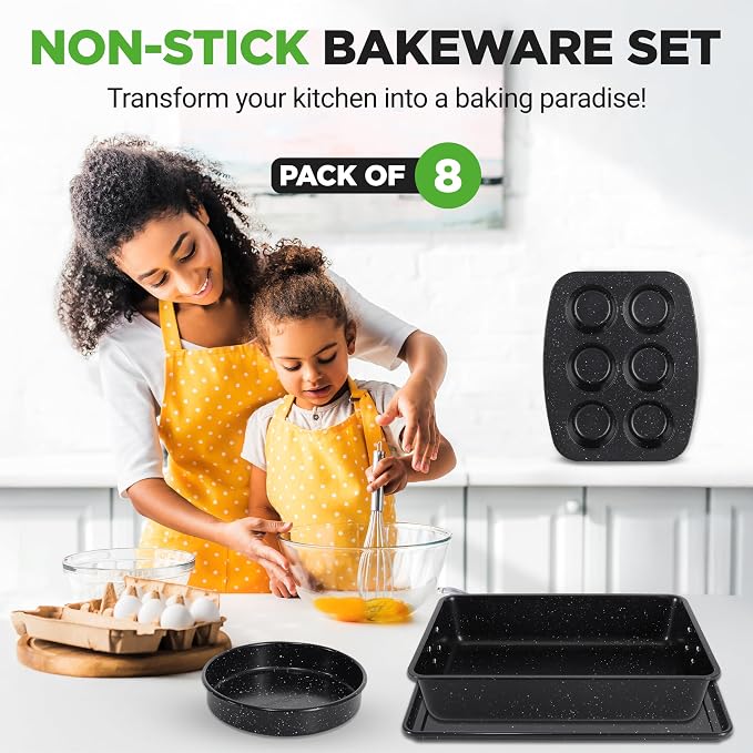 NutriChef 8-Piece Stackable Bakeware Set - Carbon Steel Non-Stick Baking Pan Set, Sheet, Muffin, Round, Loaf, Square Cake & Deep Pans, 450°F Heat Resistant, Standard & Convection Ovens (Black Marble) - Image 2