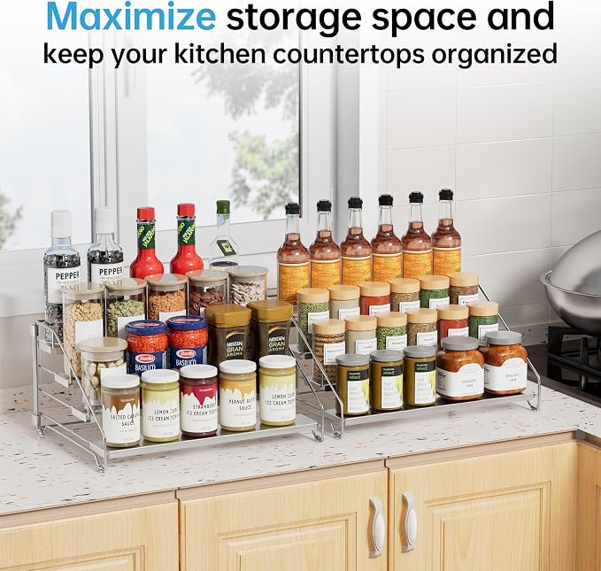 BOIVSHI Spice Organization for Cabinet, Adjustable Depth Spice Shelf | 4 Tiered Spice Rack for Cabinet, Metal Space Saving Spice Organizer for Countertop, Easy Access Spices - Chrome, 2 Pack - Image 4